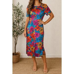 Vintage 80s Spencer Jeremy Floral Silk Midi Dress Bold Color Short Sleeve